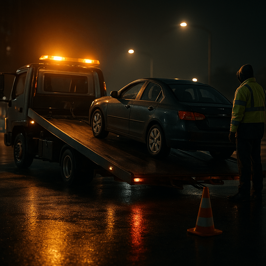Grúa cama plana asistiendo un auto en entorno urbano