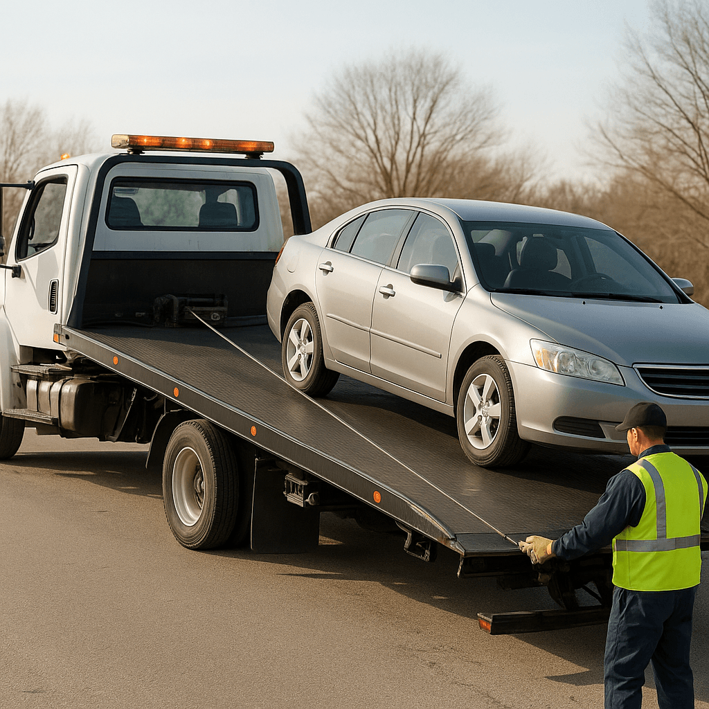 Grúa cama plana cargando un sedán